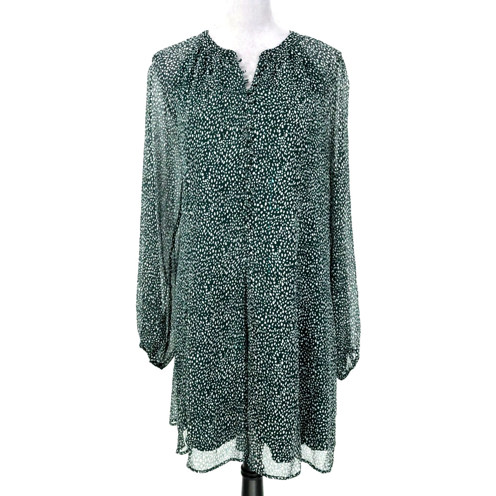 Joie Dress Womens XL Dark Green White Print Chiffon Lined Shift Sheer Sleeves